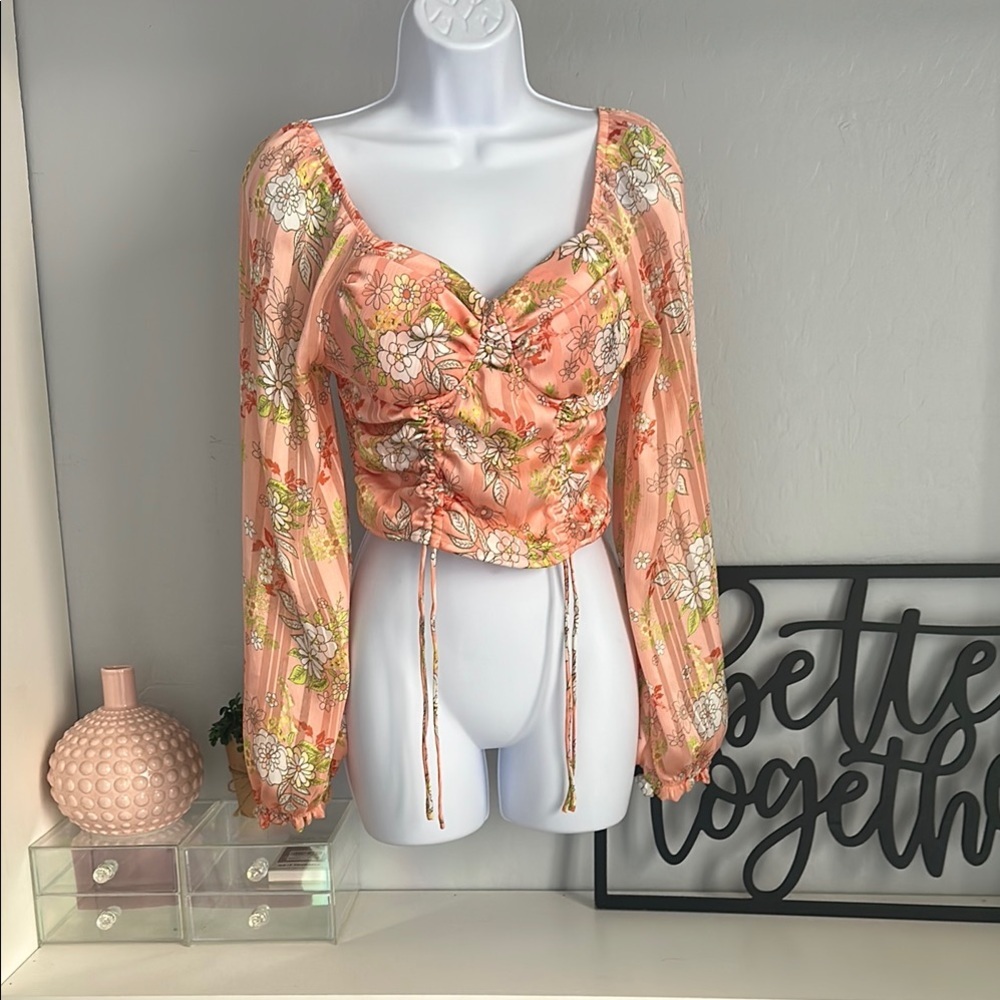 No.054 Pink and Orange Tie Front Long Sleeve Blouse